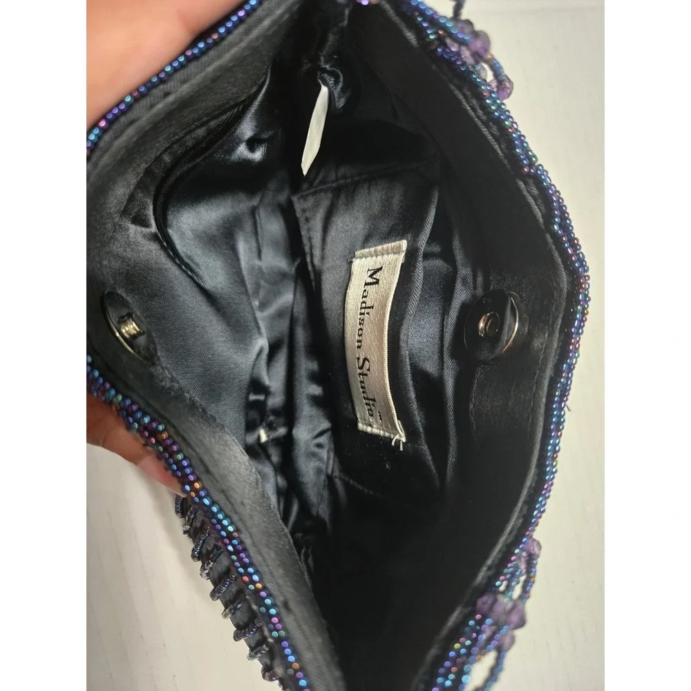 HANDCRAFTED BLUE PLEATED‎ BAG w/ BEAD DECORATION AND BEAD HANDLE EVENING HANDBAG